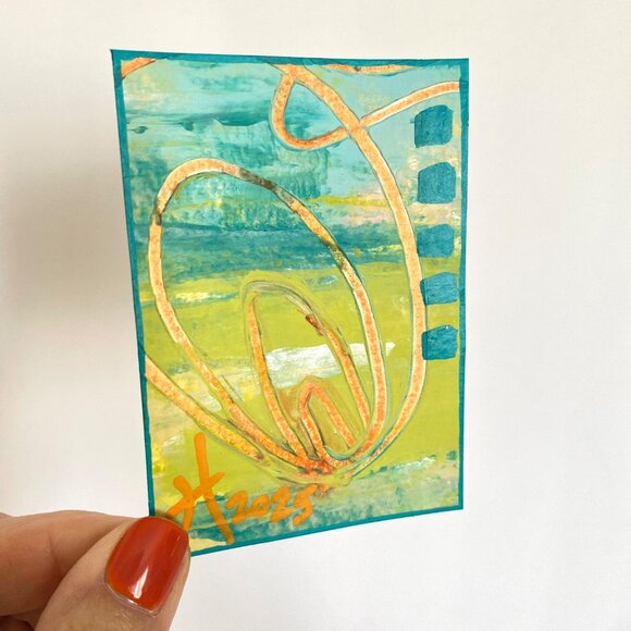 ACEO Original Acrylic Mixed Media Art Tristina Dietz Elmes ATC Orange Blue Green - Picture 2 of 3